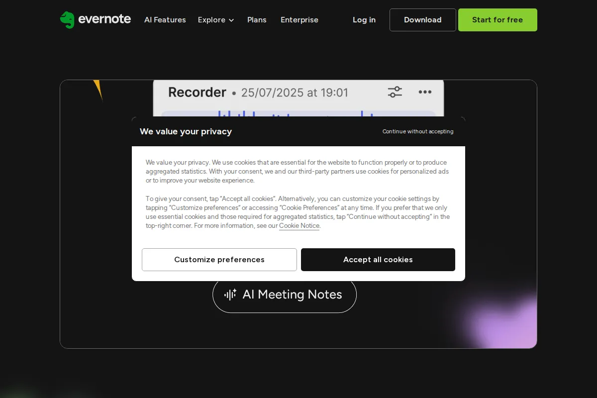 Evernote AI kuvakaappaus