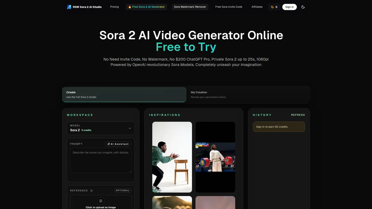 RSW Sora 2 AI Studio kuvakaappaus